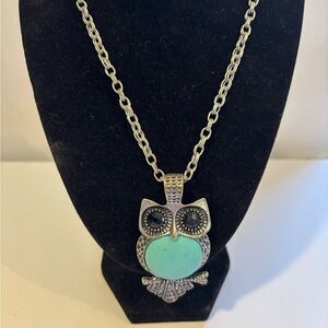 Silver Tone and Faux Turquoise Owl Pendant Necklace Bohemian Southwestern Whimsy
